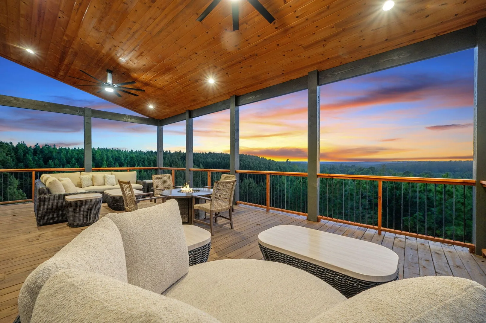 Covered balcony at sunset